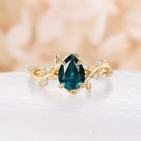 Pear Cut Moss Agate Nature Inspired Leaf Engagement Ring Bypass