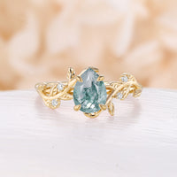 Pear Cut Moss Agate Nature Inspired Leaf Engagement Ring Bypass