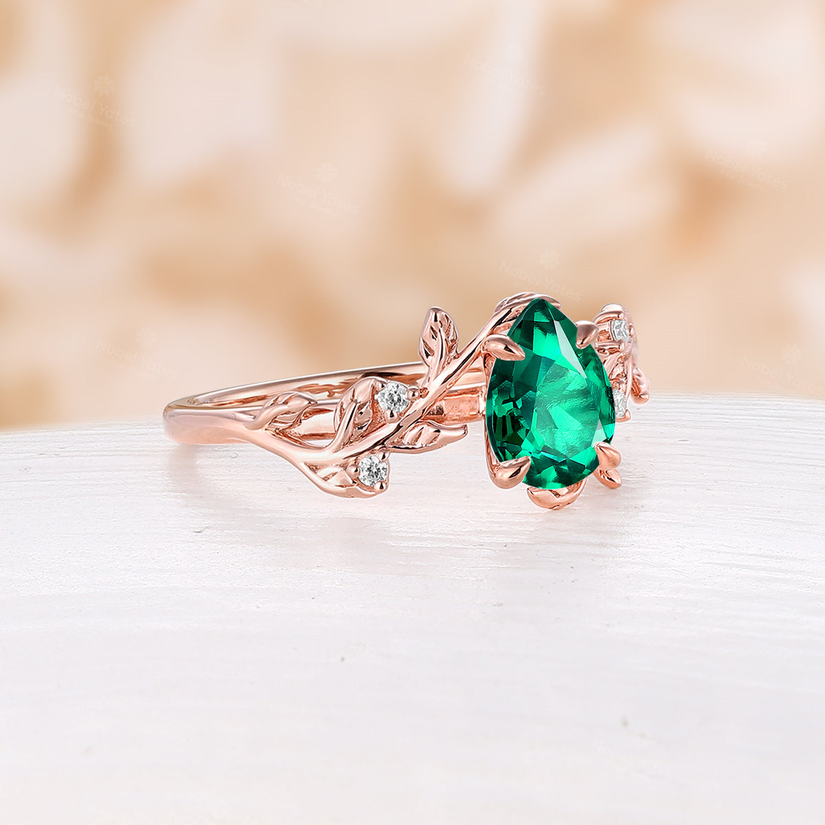 Pear Cut Nature Inspired Lab Emerald Leaf Design Engagement Ring Bypass