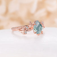 Pear Cut Moss Agate Nature Inspired Leaf Engagement Ring Bypass