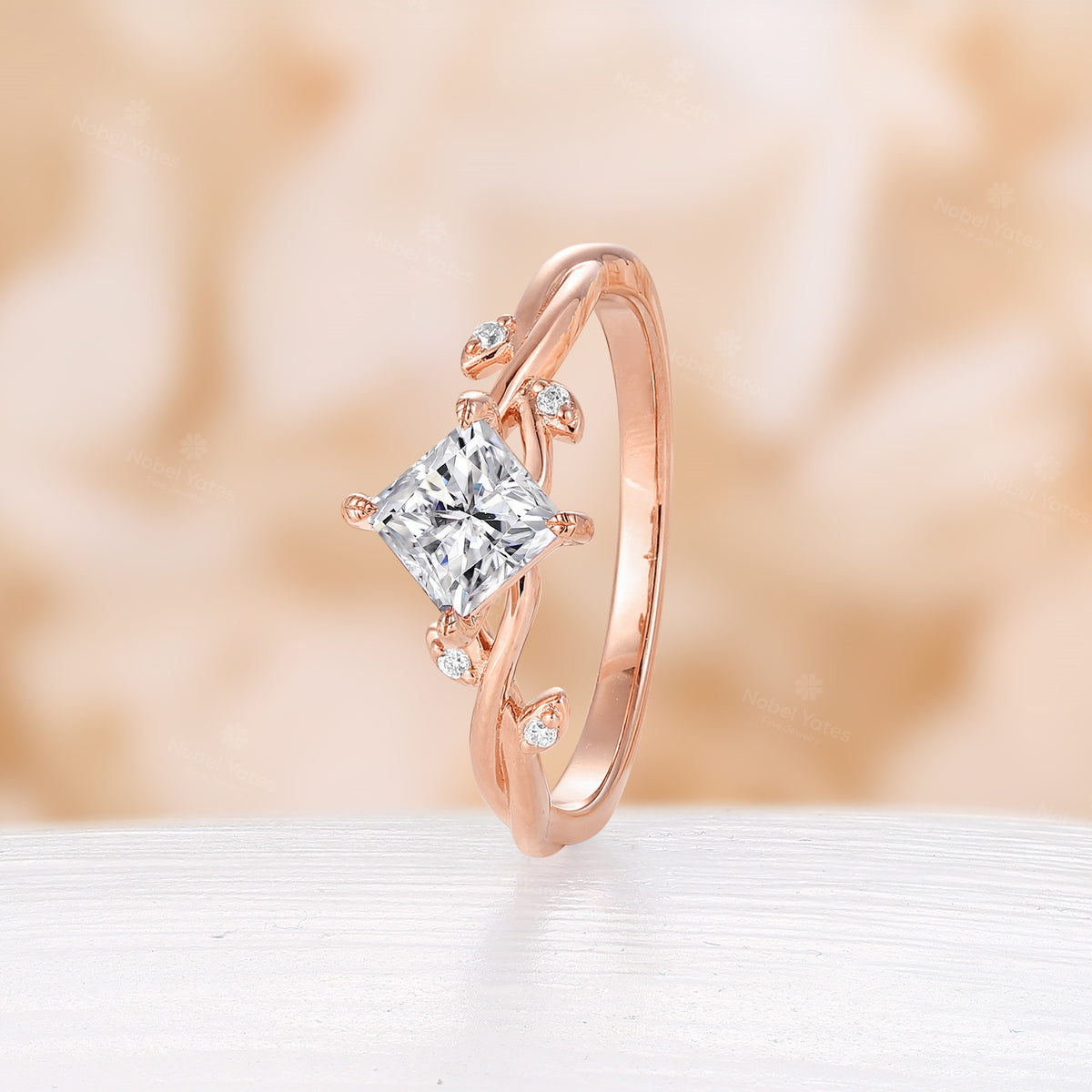 Nature Twig Princess Moissanite Engagement Ring Twist Branch Rose Gold Band