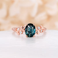 Teal Sapphire Oval Cut Engagement Ring Nature Inspired Leaf Band