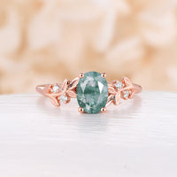 Nature Inspired Branch Oval Moss Agate Rose Gold Engagement Ring Side Stone