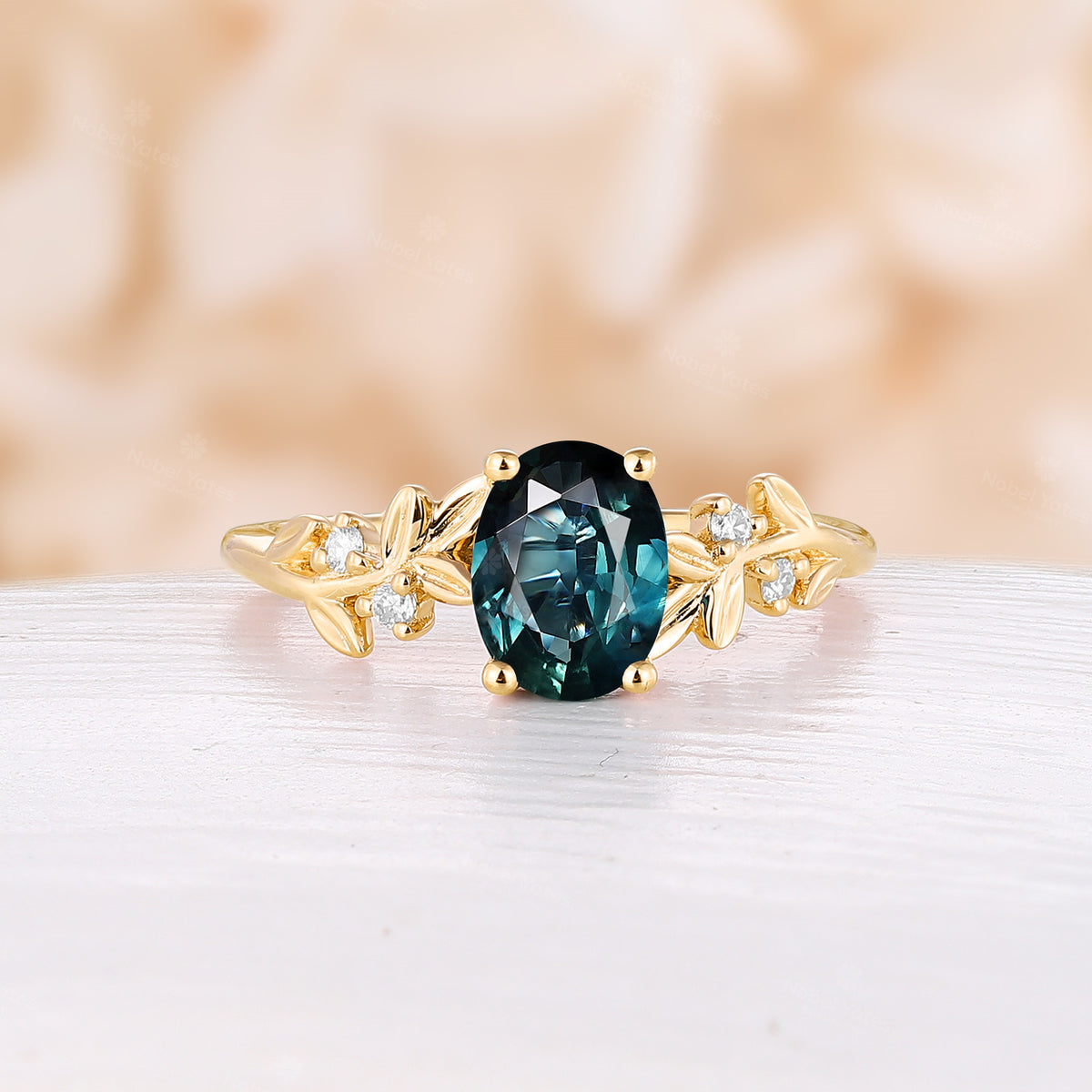 Teal Sapphire Oval Cut Engagement Ring Nature Inspired Leaf Band