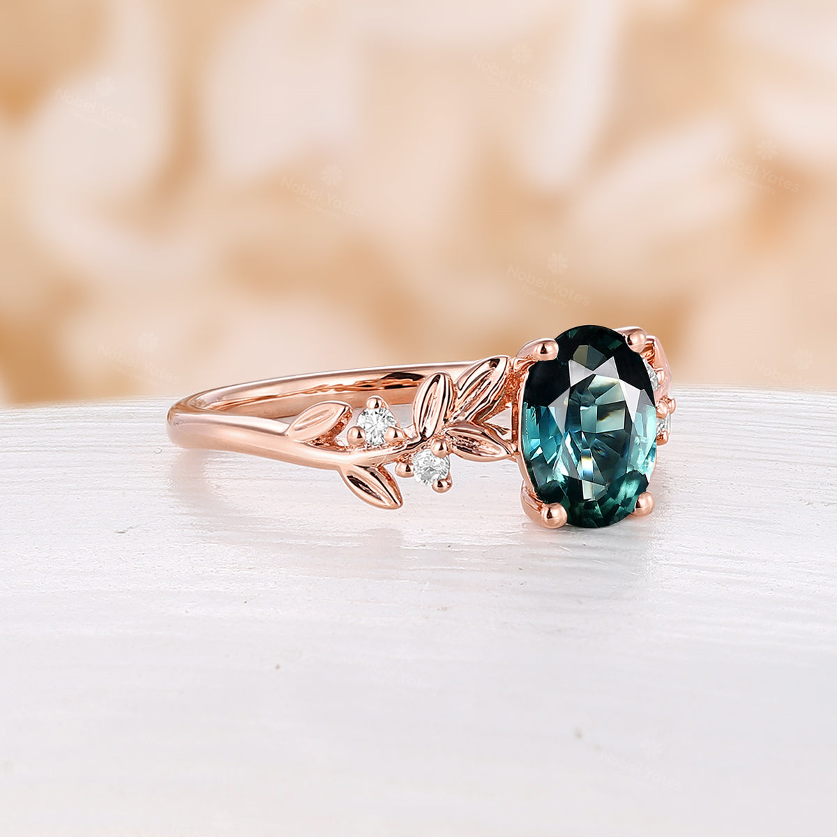 Teal Sapphire Oval Cut Engagement Ring Nature Inspired Leaf Band