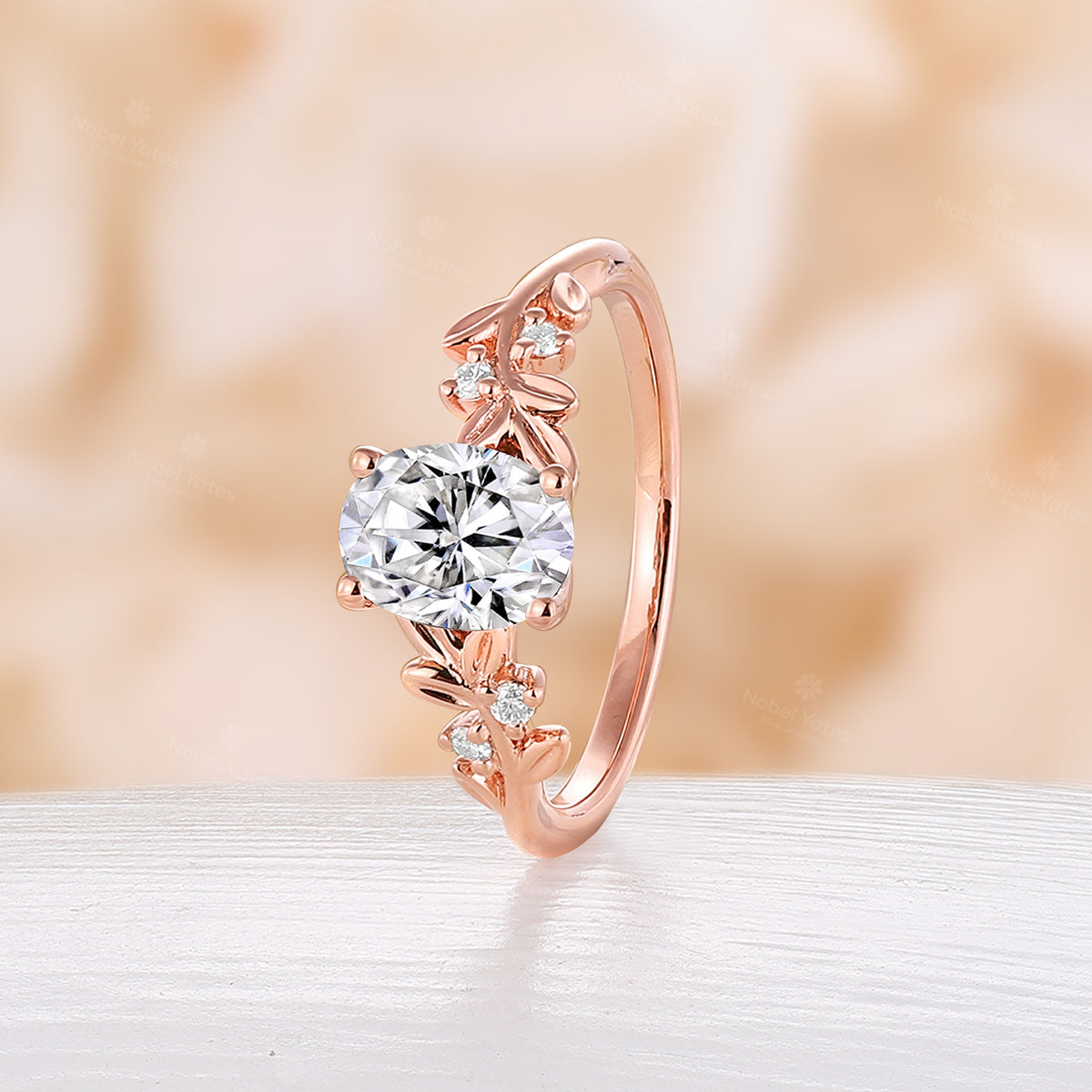 Moissanite Oval Cut Branch Nature Inspired Engagement Ring Rose Gold