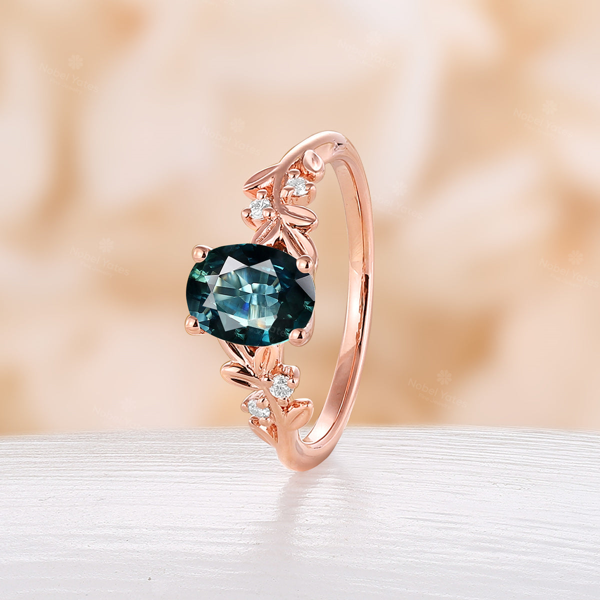 Teal Sapphire Oval Cut Engagement Ring Nature Inspired Leaf Band