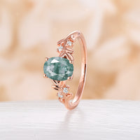 Nature Inspired Branch Oval Moss Agate Rose Gold Engagement Ring Side Stone