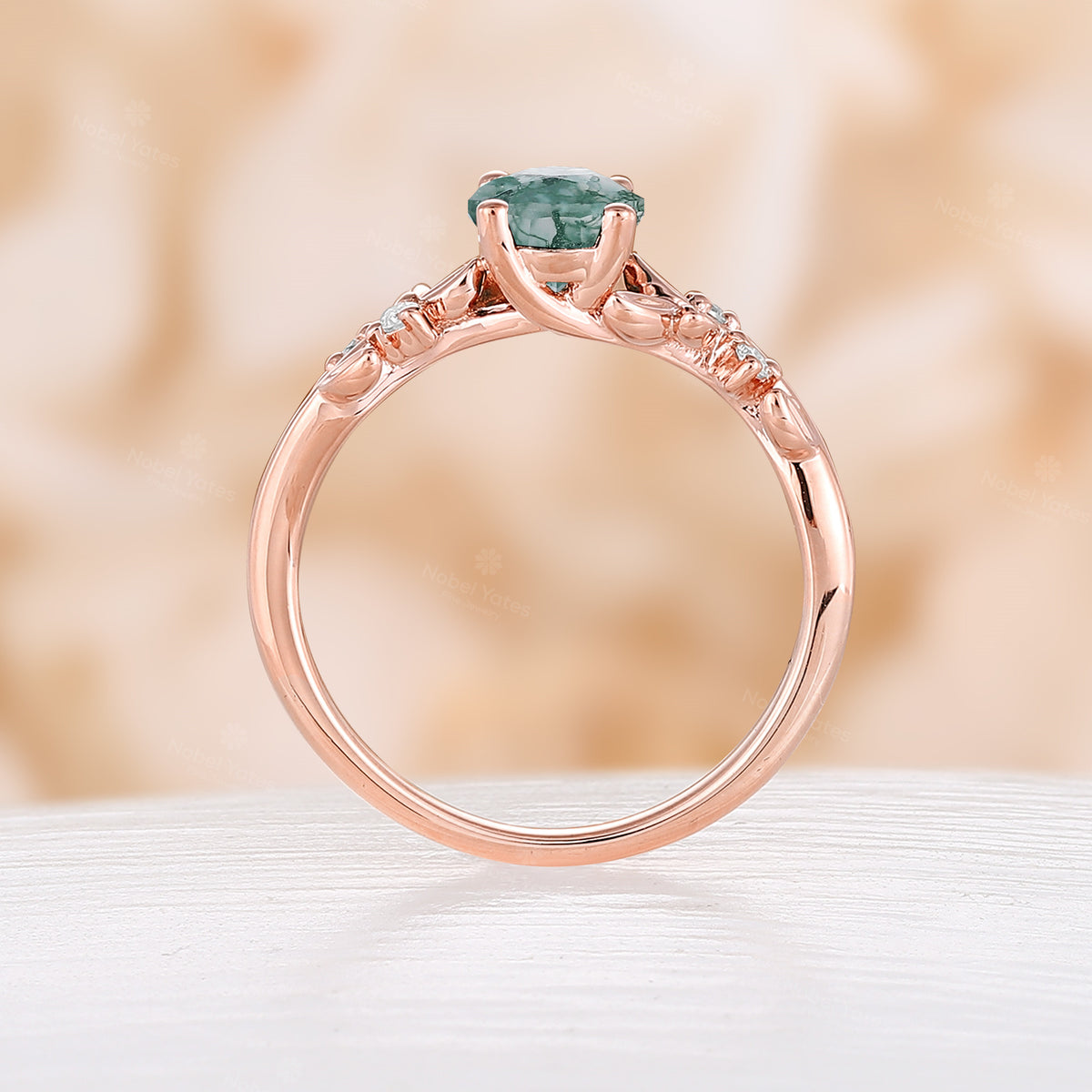 Nature Inspired Branch Oval Moss Agate Rose Gold Engagement Ring Side Stone