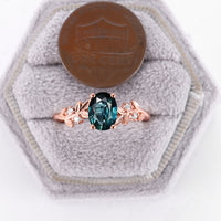 Teal Sapphire Oval Cut Engagement Ring Nature Inspired Leaf Band