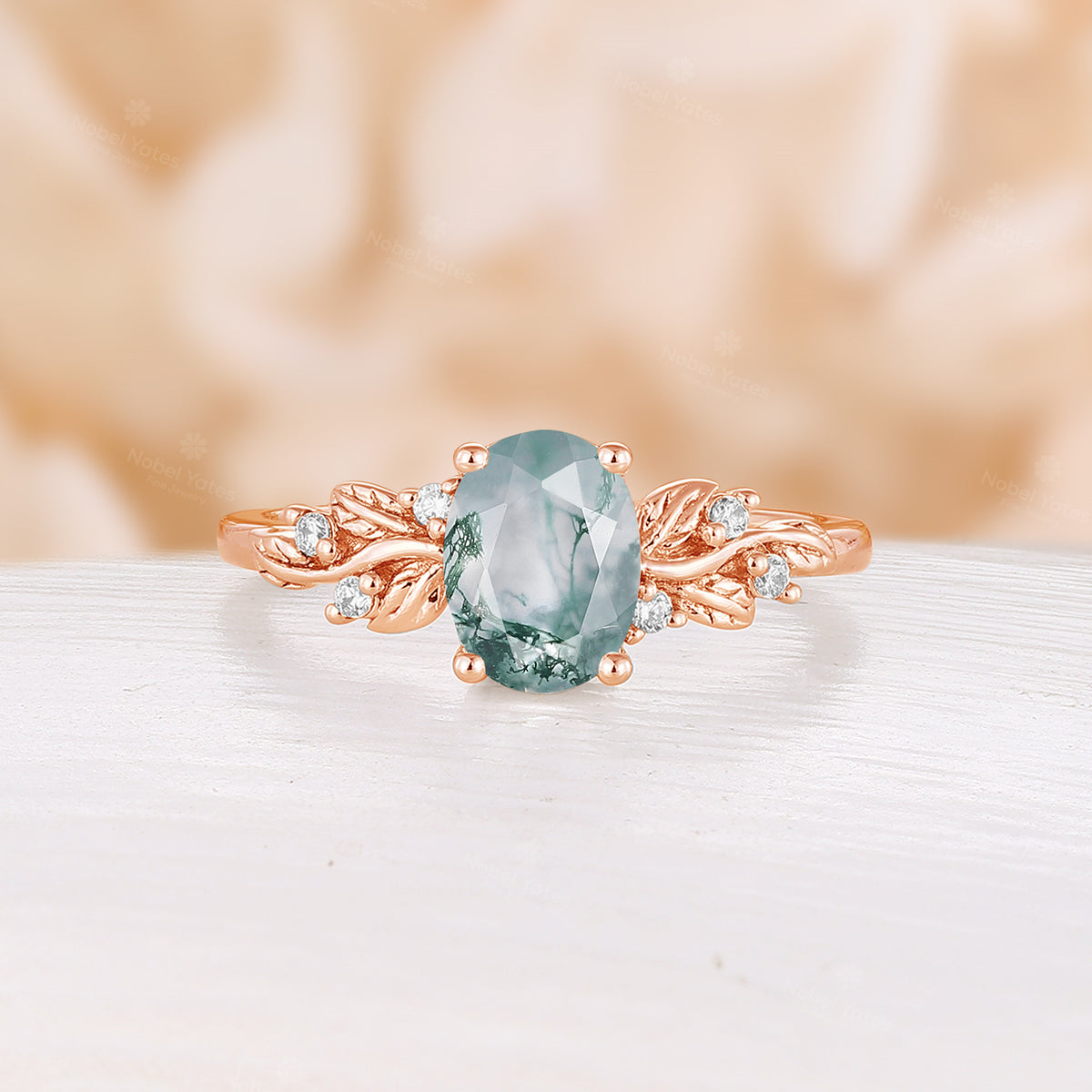 Moss Agate Oval Cut Engagement Ring Rose Gold Nature Inspired