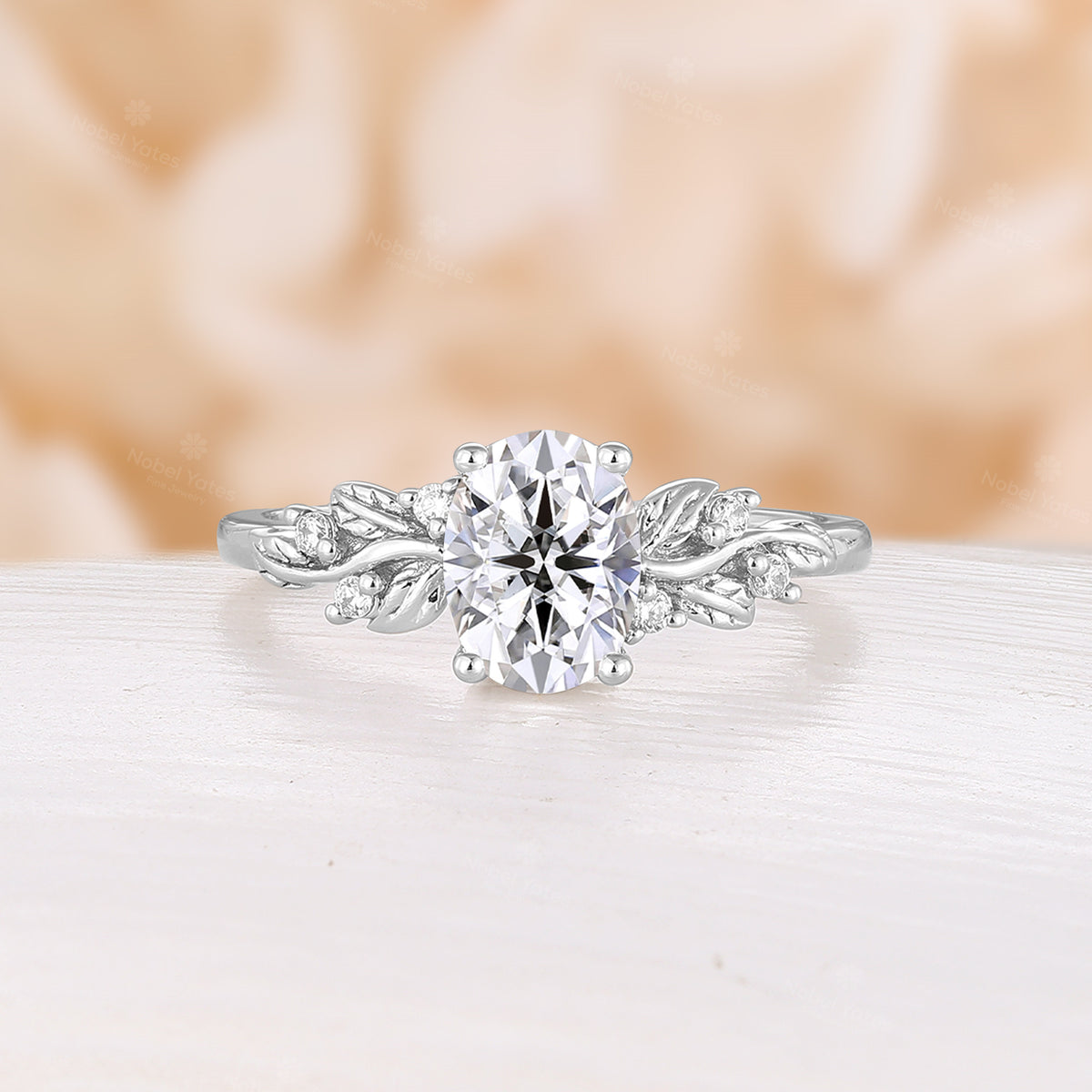 Leaf Nature Inspired Moissanite Engagement Ring Oval Cut Unique Anniversary Ring