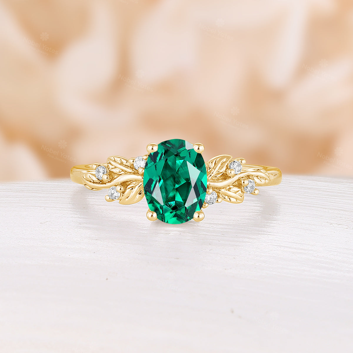 Yellow Gold Oval Lab Emerald Nature Inspired Leaf Engagement Ring