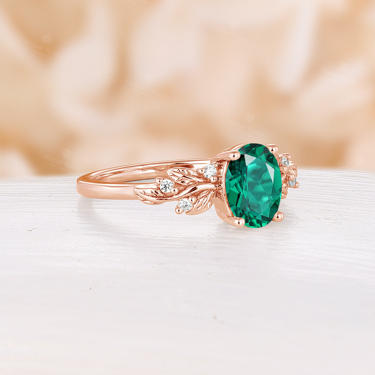 Yellow Gold Oval Lab Emerald Nature Inspired Leaf Engagement Ring