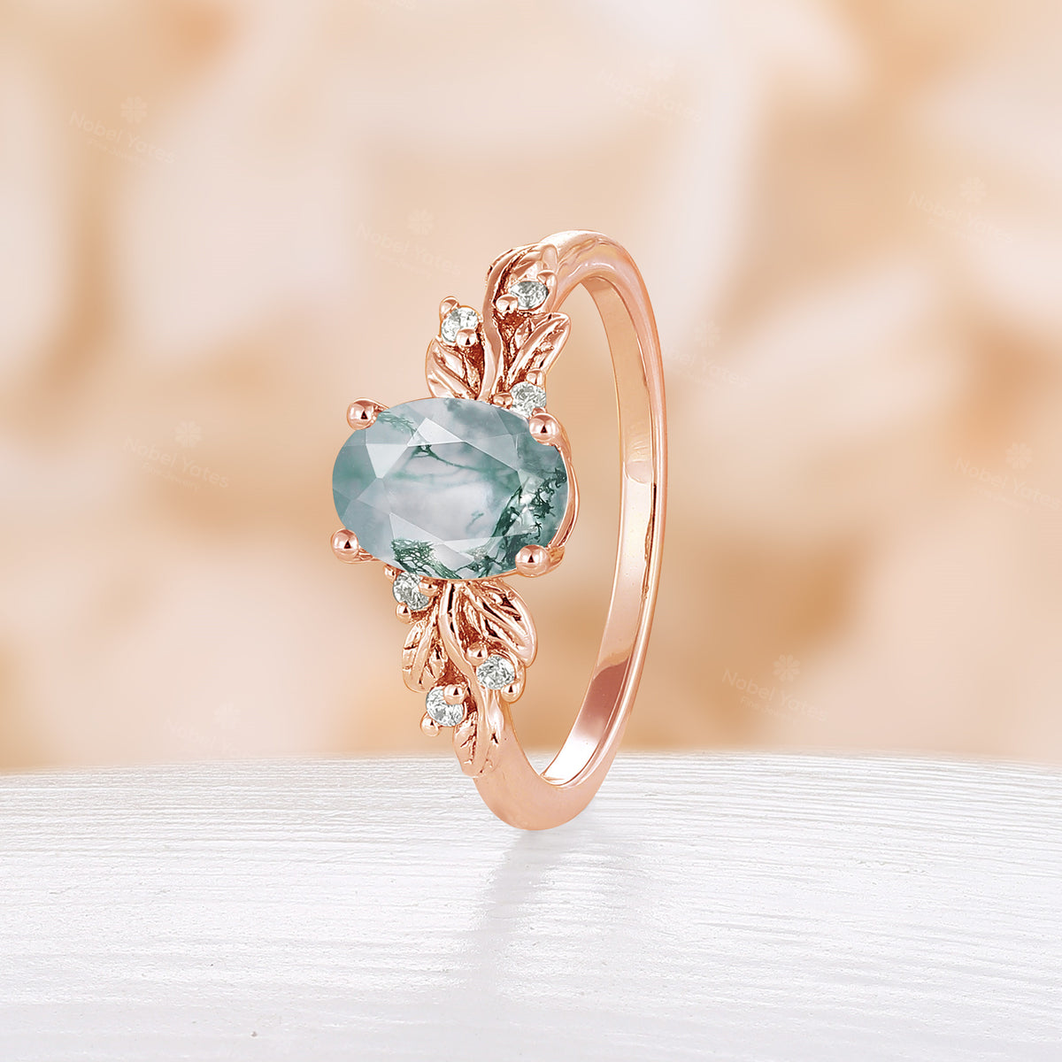 Moss Agate Oval Cut Engagement Ring Rose Gold Nature Inspired