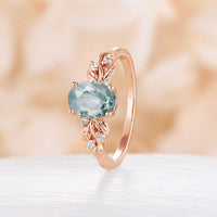 Moss Agate Oval Cut Engagement Ring Rose Gold Nature Inspired