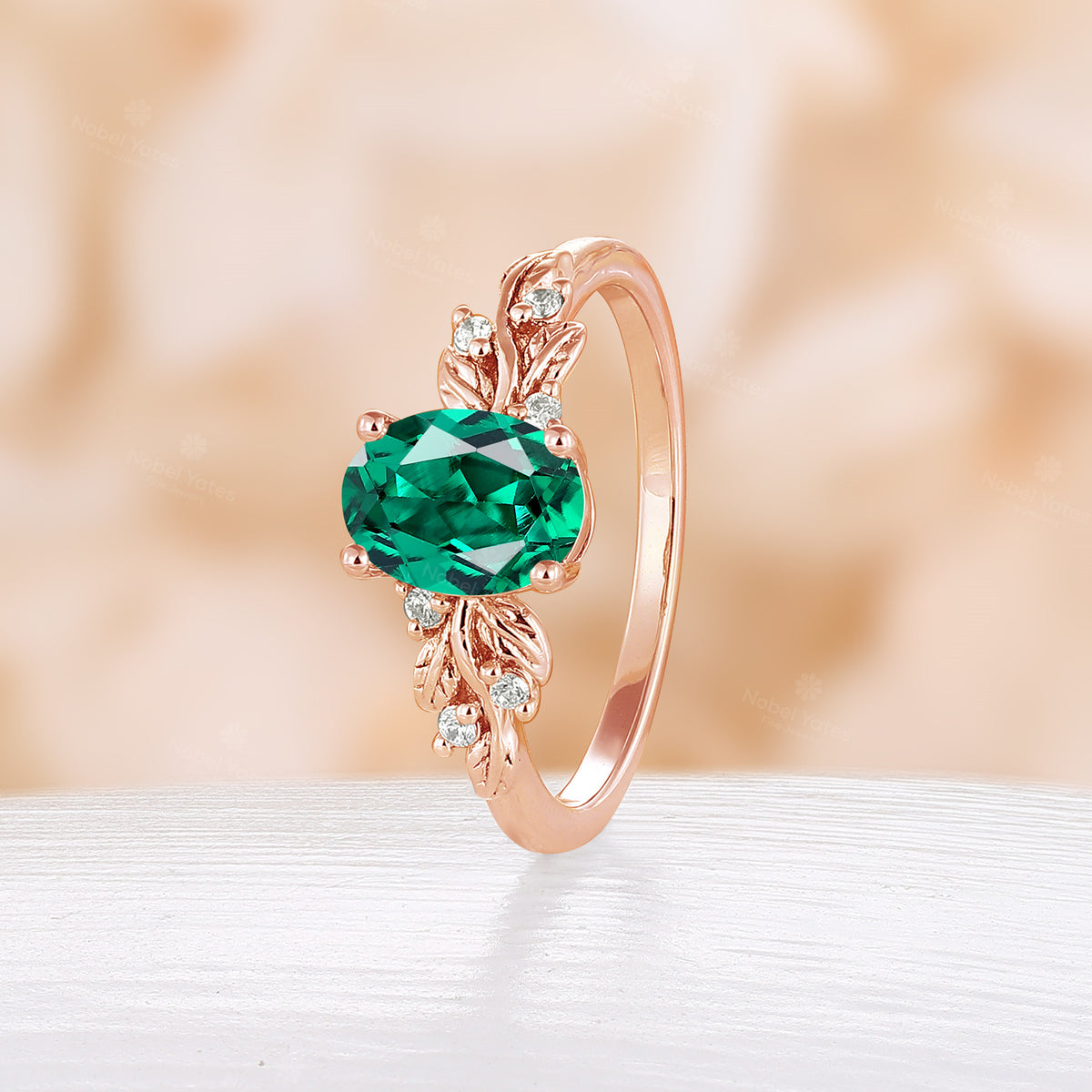 Yellow Gold Oval Lab Emerald Nature Inspired Leaf Engagement Ring