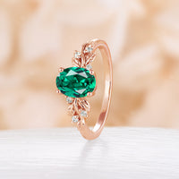 Yellow Gold Oval Lab Emerald Nature Inspired Leaf Engagement Ring