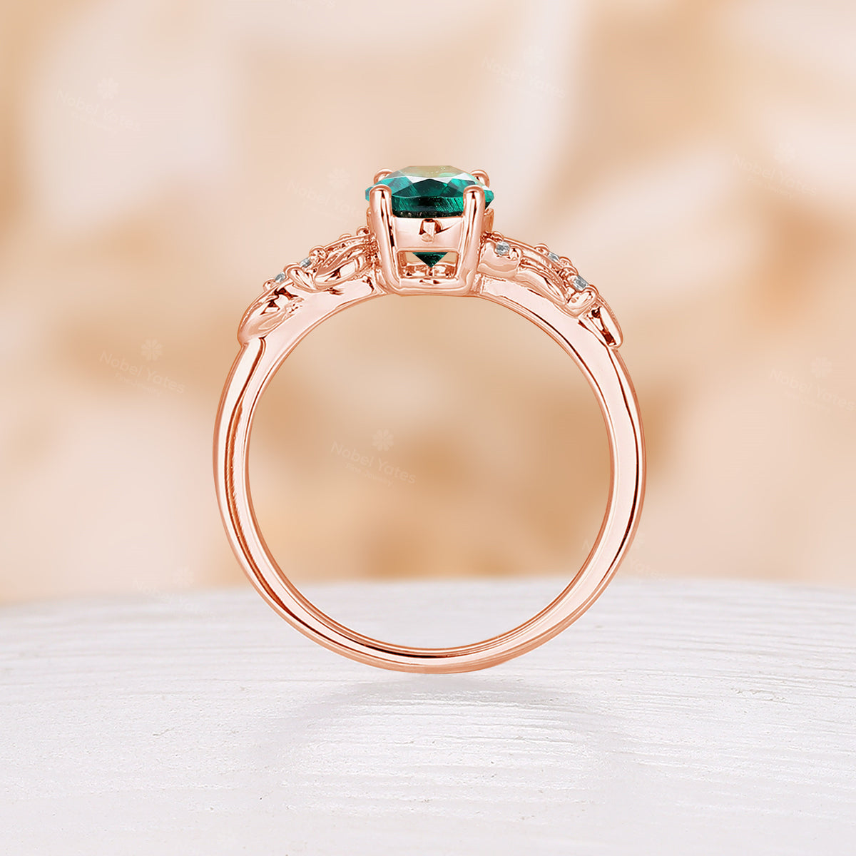 Yellow Gold Oval Lab Emerald Nature Inspired Leaf Engagement Ring