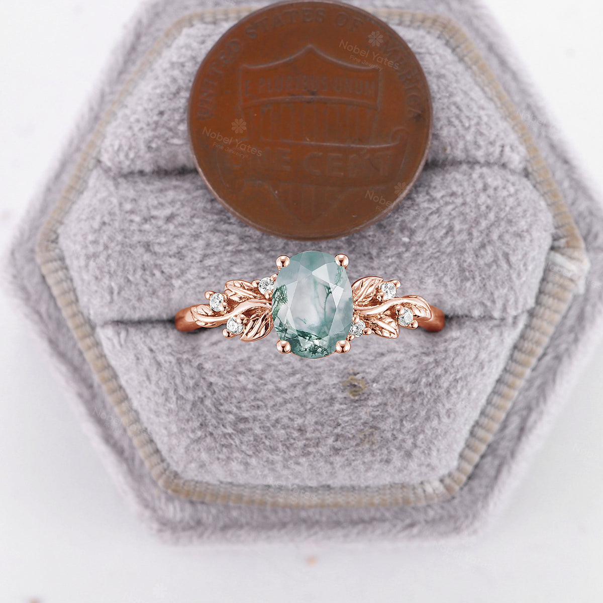 Moss Agate Oval Cut Engagement Ring Rose Gold Nature Inspired