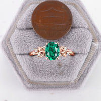 Yellow Gold Oval Lab Emerald Nature Inspired Leaf Engagement Ring