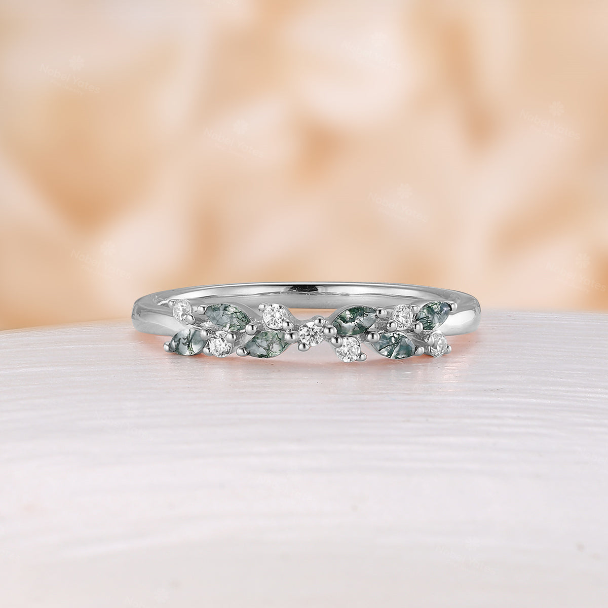 Rose Gold Moss Agate & Diamond Cluster Wedding Band Anniversary Ring