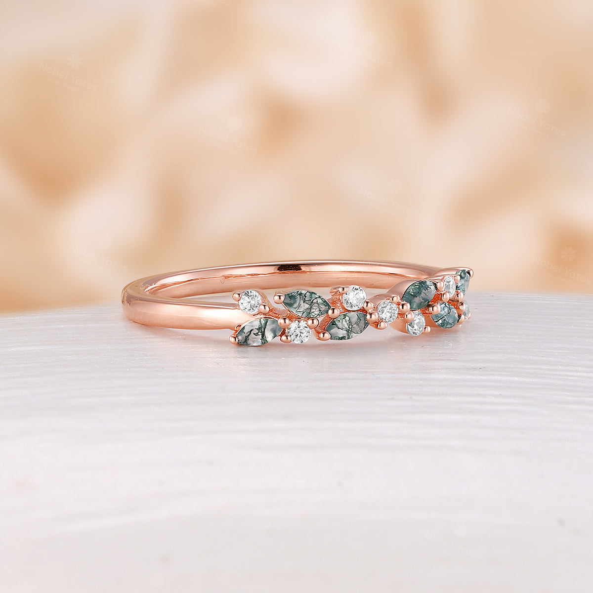 Rose Gold Moss Agate & Diamond Cluster Wedding Band Anniversary Ring