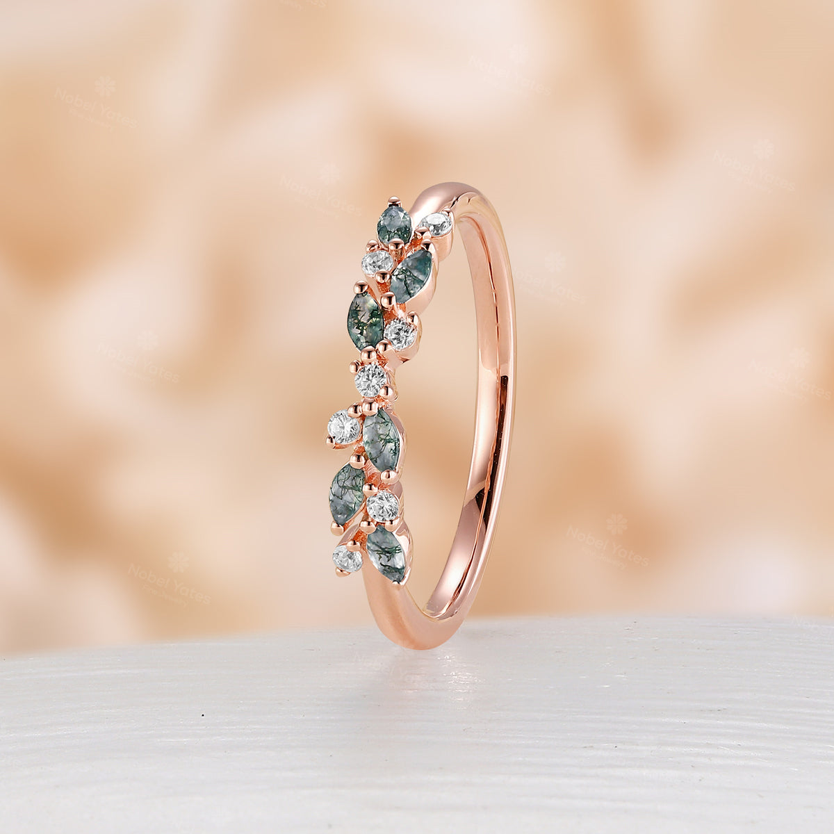 Rose Gold Moss Agate & Diamond Cluster Wedding Band Anniversary Ring