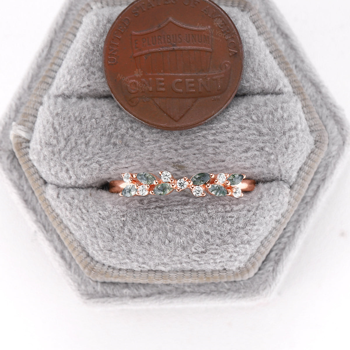 Rose Gold Moss Agate & Diamond Cluster Wedding Band Anniversary Ring