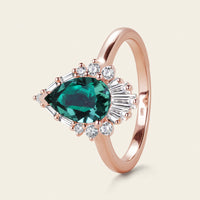 Baguette Art deco Halo Lab Emerald Engagement Ring Pear Cut