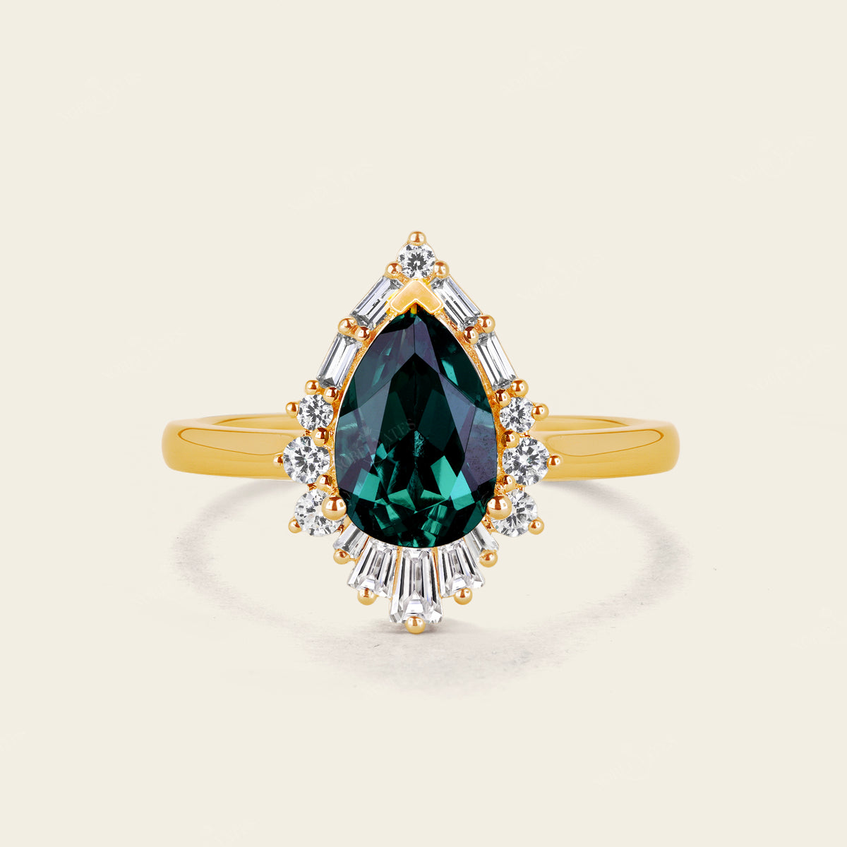 Baguette Art deco Halo Lab Emerald Engagement Ring Pear Cut