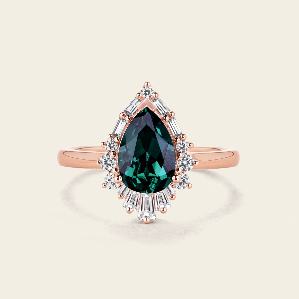 Baguette Art deco Halo Lab Emerald Engagement Ring Pear Cut