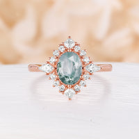 Oval Moss Agate Engagement Ring Unique Princess & Kite Moissanite Halo