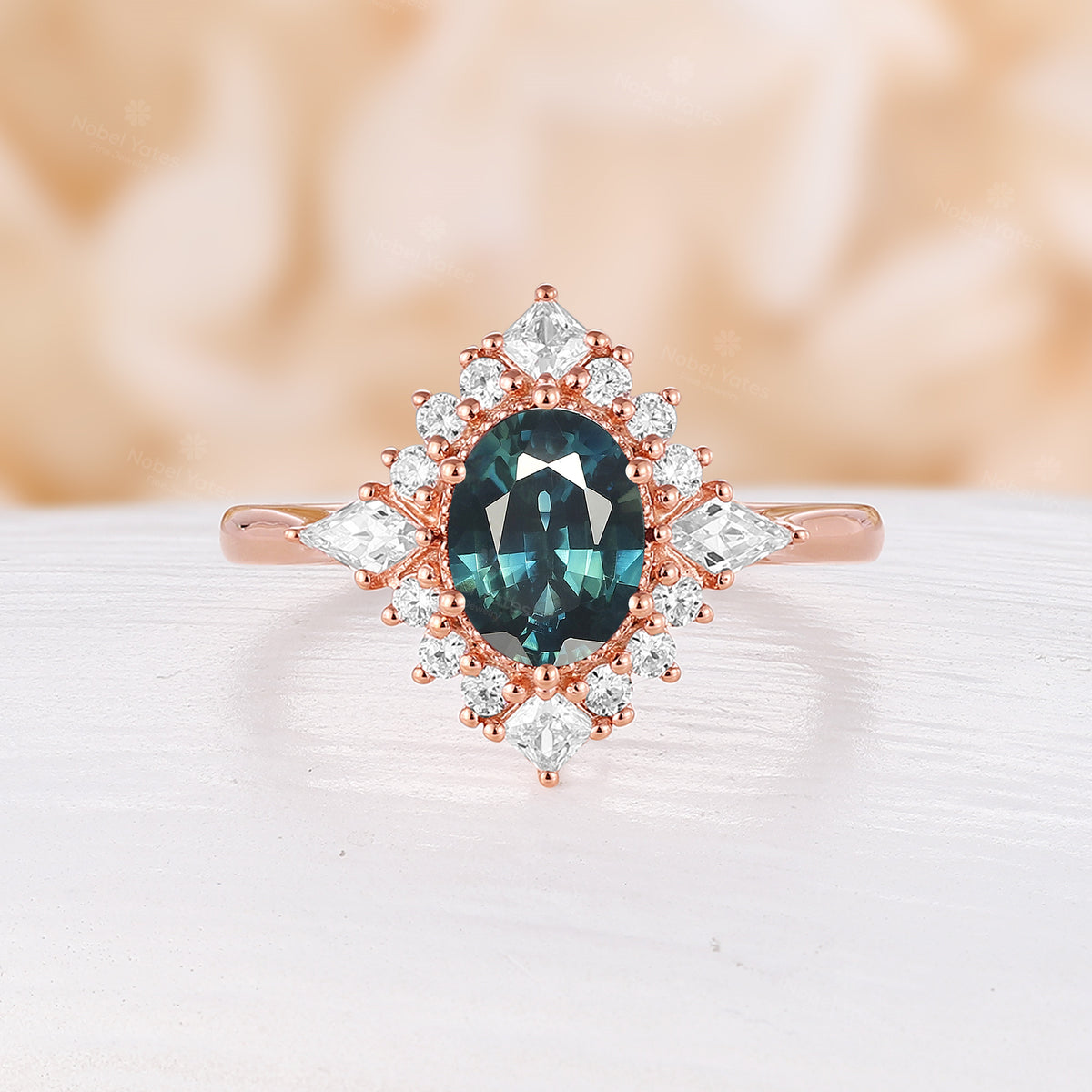 Teal Sapphire Oval Shape Rose Gold Engagement Ring Princess & Kite Halo