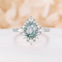 Oval Moss Agate Engagement Ring Unique Princess & Kite Moissanite Halo