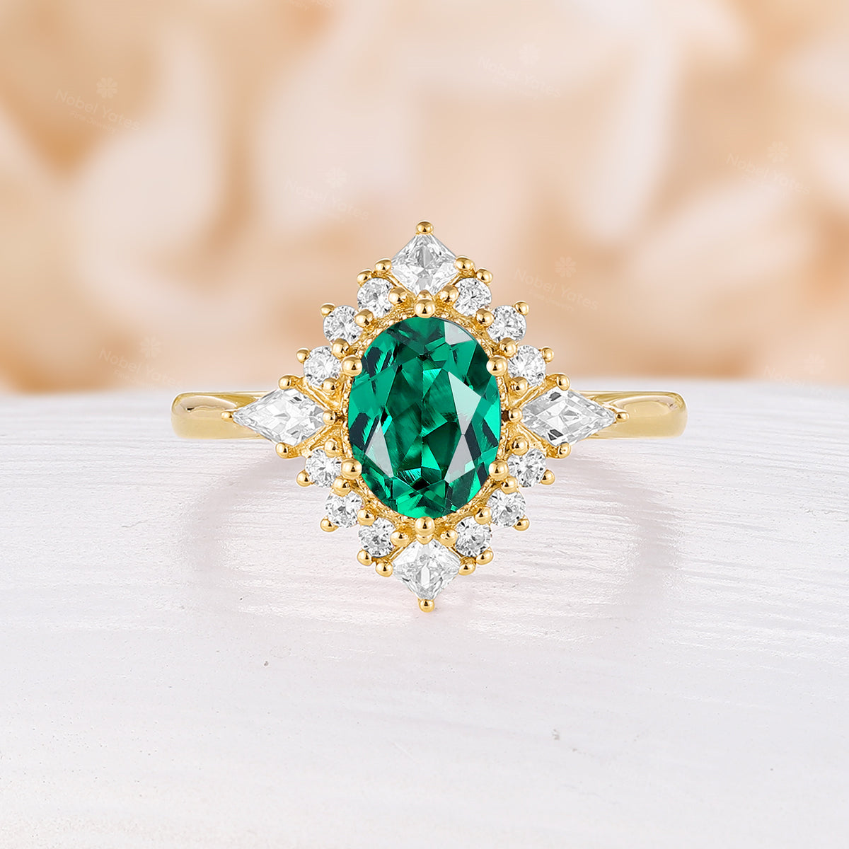 Lab Emerald Oval Shape Yellow Gold Engagement Ring Princess & Kite Halo