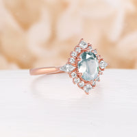 Oval Moss Agate Engagement Ring Unique Princess & Kite Moissanite Halo