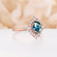 Teal Sapphire Oval Shape Rose Gold Engagement Ring Princess & Kite Halo