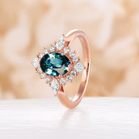 Teal Sapphire Oval Shape Rose Gold Engagement Ring Princess & Kite Halo