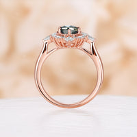 Teal Sapphire Oval Shape Rose Gold Engagement Ring Princess & Kite Halo