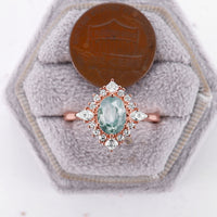 Oval Moss Agate Engagement Ring Unique Princess & Kite Moissanite Halo