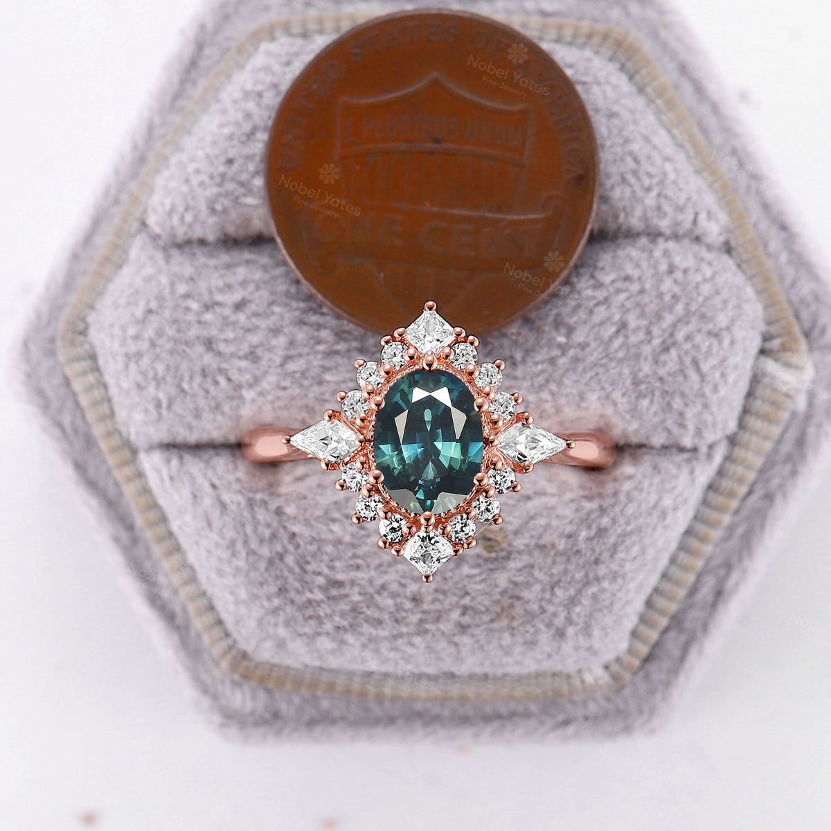 Teal Sapphire Oval Shape Rose Gold Engagement Ring Princess & Kite Halo