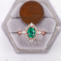 Lab Emerald Oval Shape Yellow Gold Engagement Ring Princess & Kite Halo