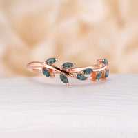 Nature Inspired  Moss Agate Marquise Leaf Curved Wedding Band Yellow Gold