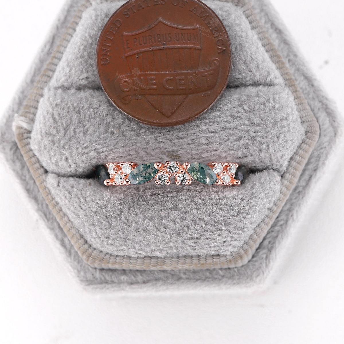 Marquise Moss Agate & Moissanite Full Eternity Cluster White Gold Wedding Band