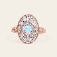 Art Deco Diamond Cluster Oval Moonstone Rose Gold Milgrain Engagement Ring