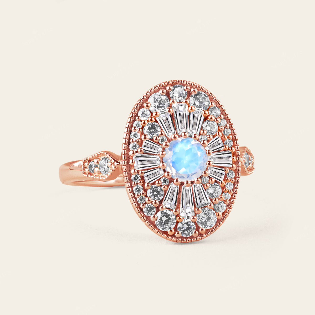 Art Deco Diamond Cluster Oval Moonstone Rose Gold Milgrain Engagement Ring