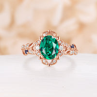 Vintage Oval Cut Lab Emerald Rose Gold Engagement Ring Cluster Side Stone