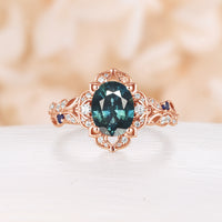 Oval Shape Teal Sapphire Engagement Ring Vintage Antique Band