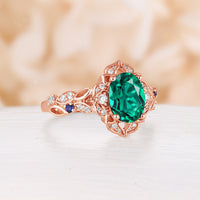 Vintage Oval Cut Lab Emerald Rose Gold Engagement Ring Cluster Side Stone